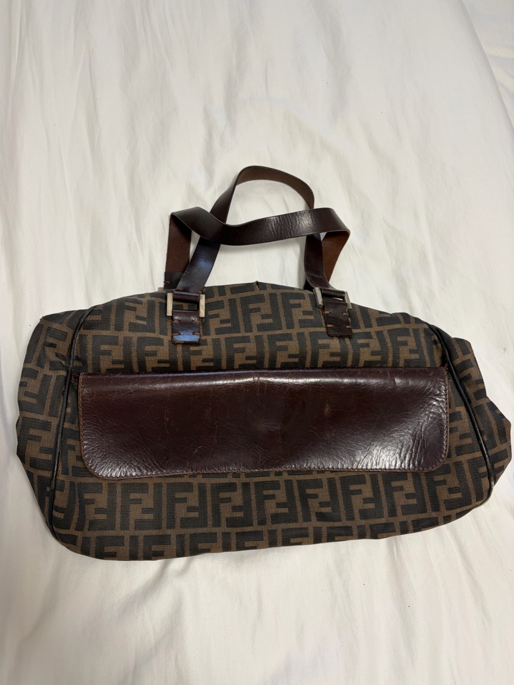 Vintage Fendi Brown FF Logo Canvas Tote with Dark Brown Leather Trim
